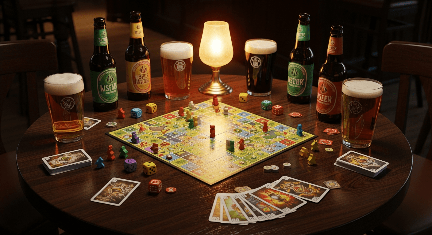 Des personnes jouant à des jeux de société autour d'une table avec des verres de bière