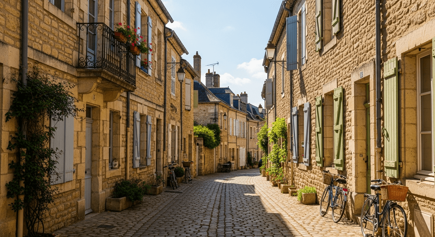 Rue pavée de Nevers avec façades en pierre typiques de la Loire, immobilier accessible