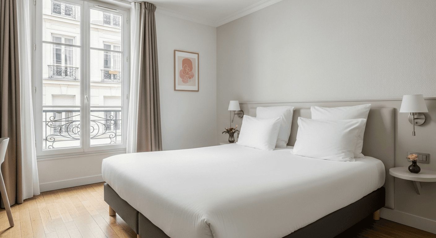 Chambre d'hôtel moderne et lumineuse avec vue sur une ville de province française