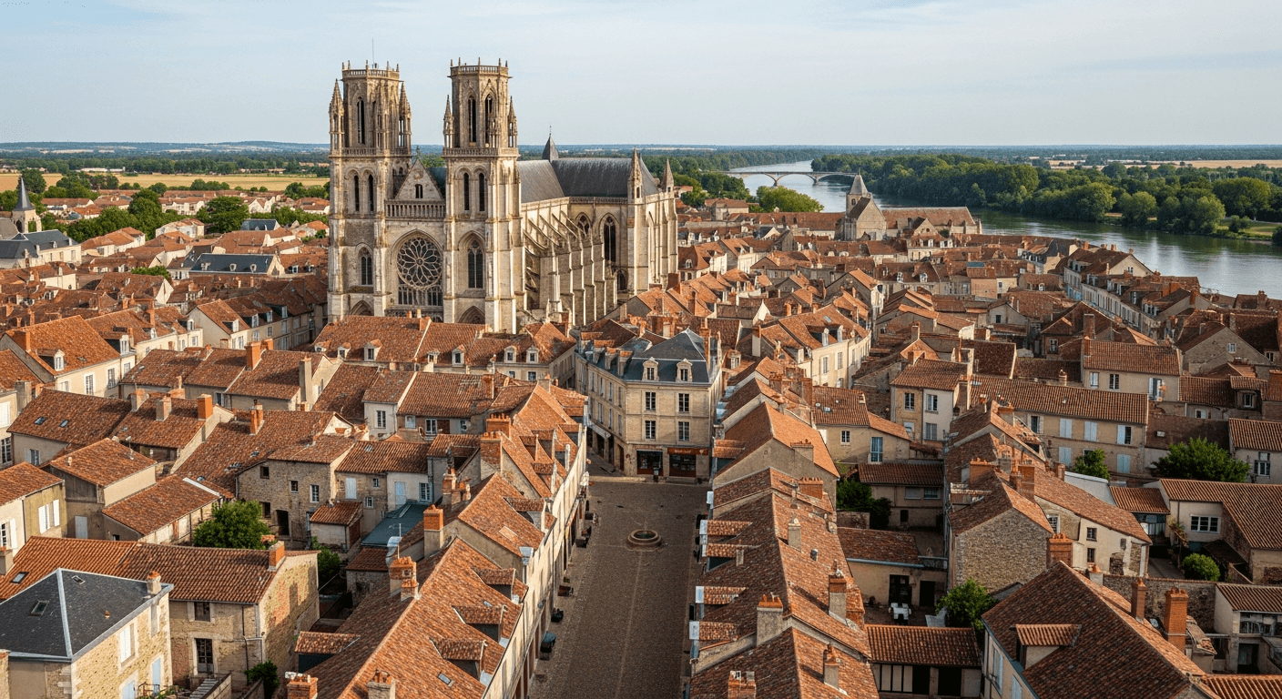 Vue aérienne du centre historique de Nevers avec la Loire et les toits