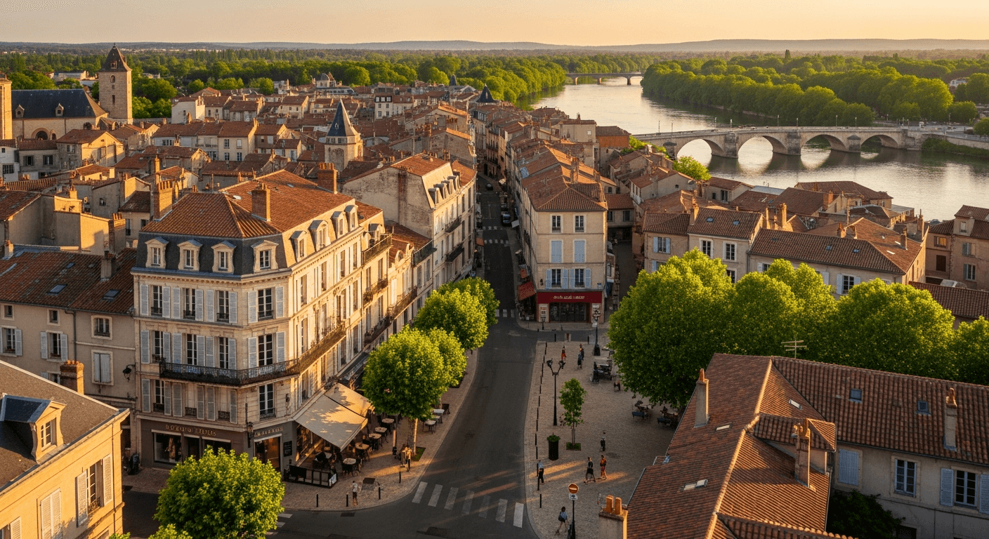 Vue aérienne de maisons et appartements dans le centre de Nevers avec la Loire en arrière-plan
