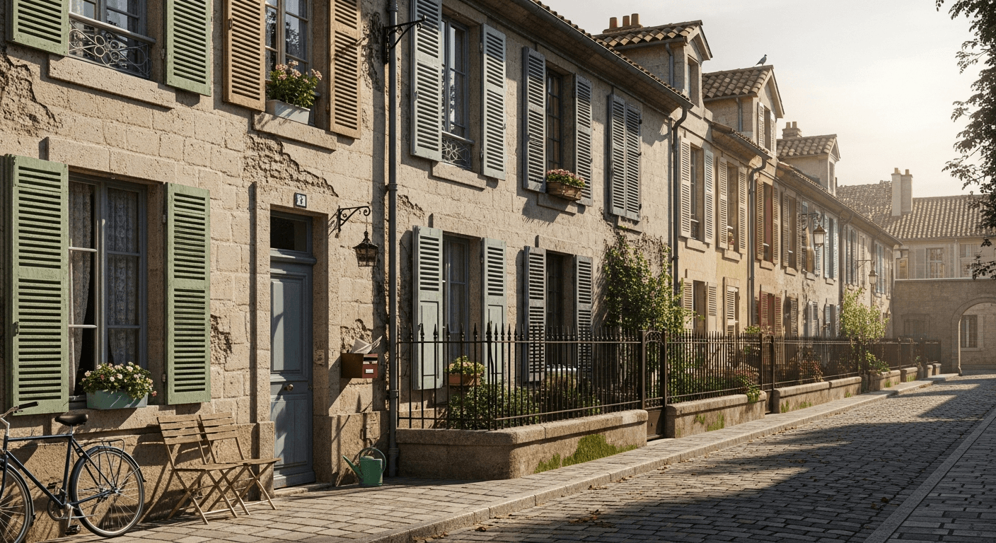 Maisons de ville typiques dans un quartier résidentiel de Nevers avec jardins et façades en pierre