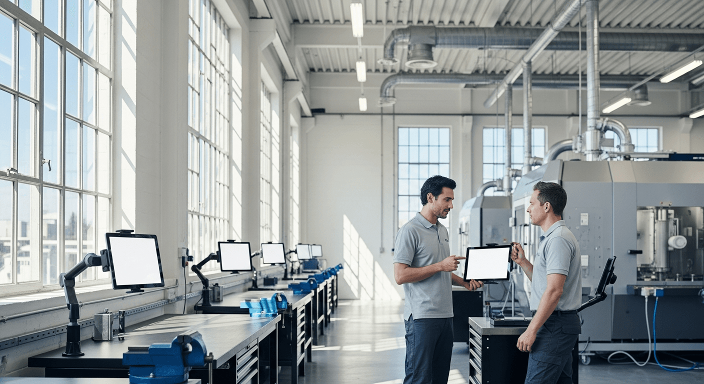 Atelier industriel moderne avec écrans tactiles et opérateurs en conditions réelles