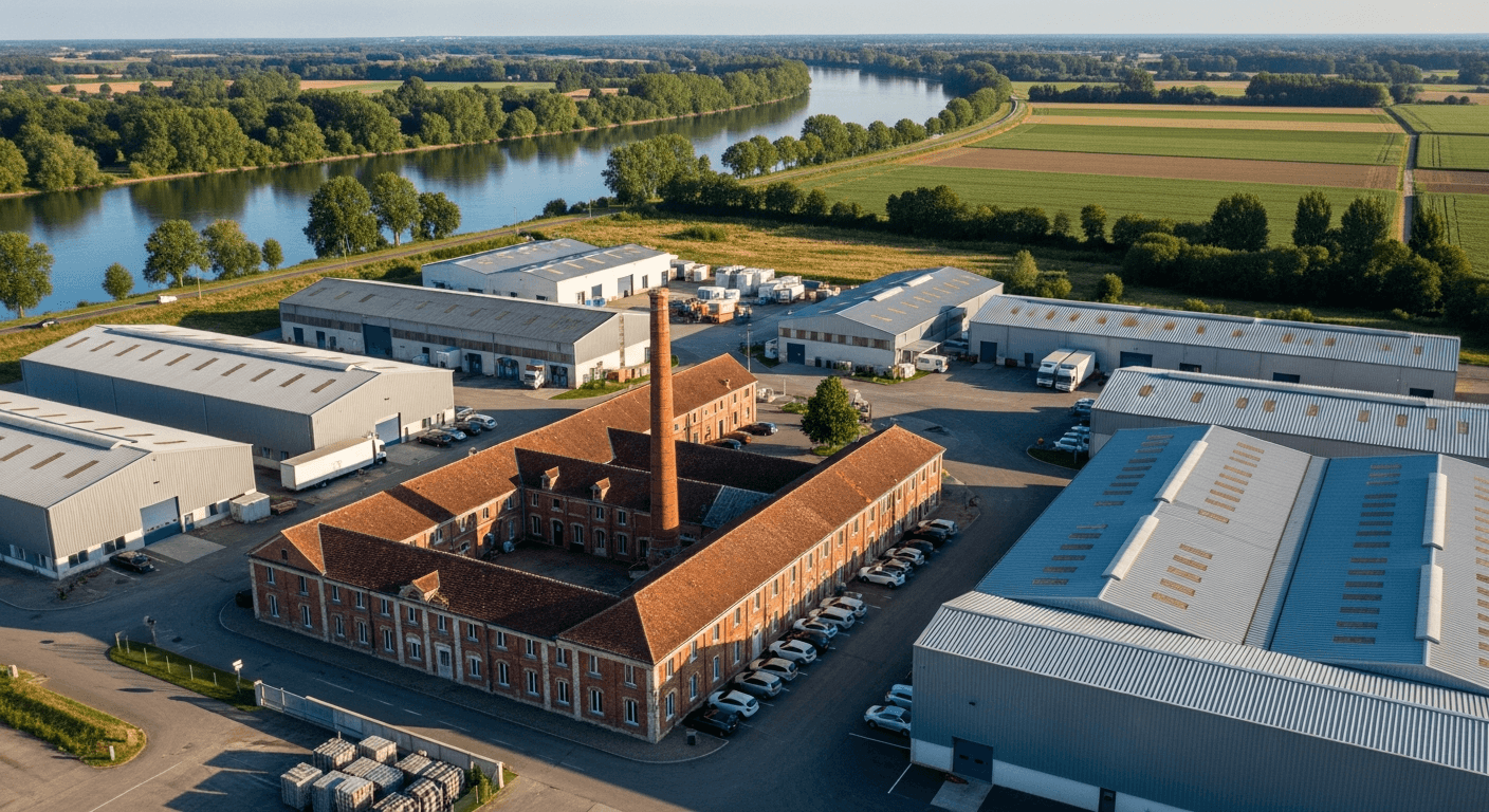 Vue aérienne d'un site industriel en bord de Loire dans la Nièvre