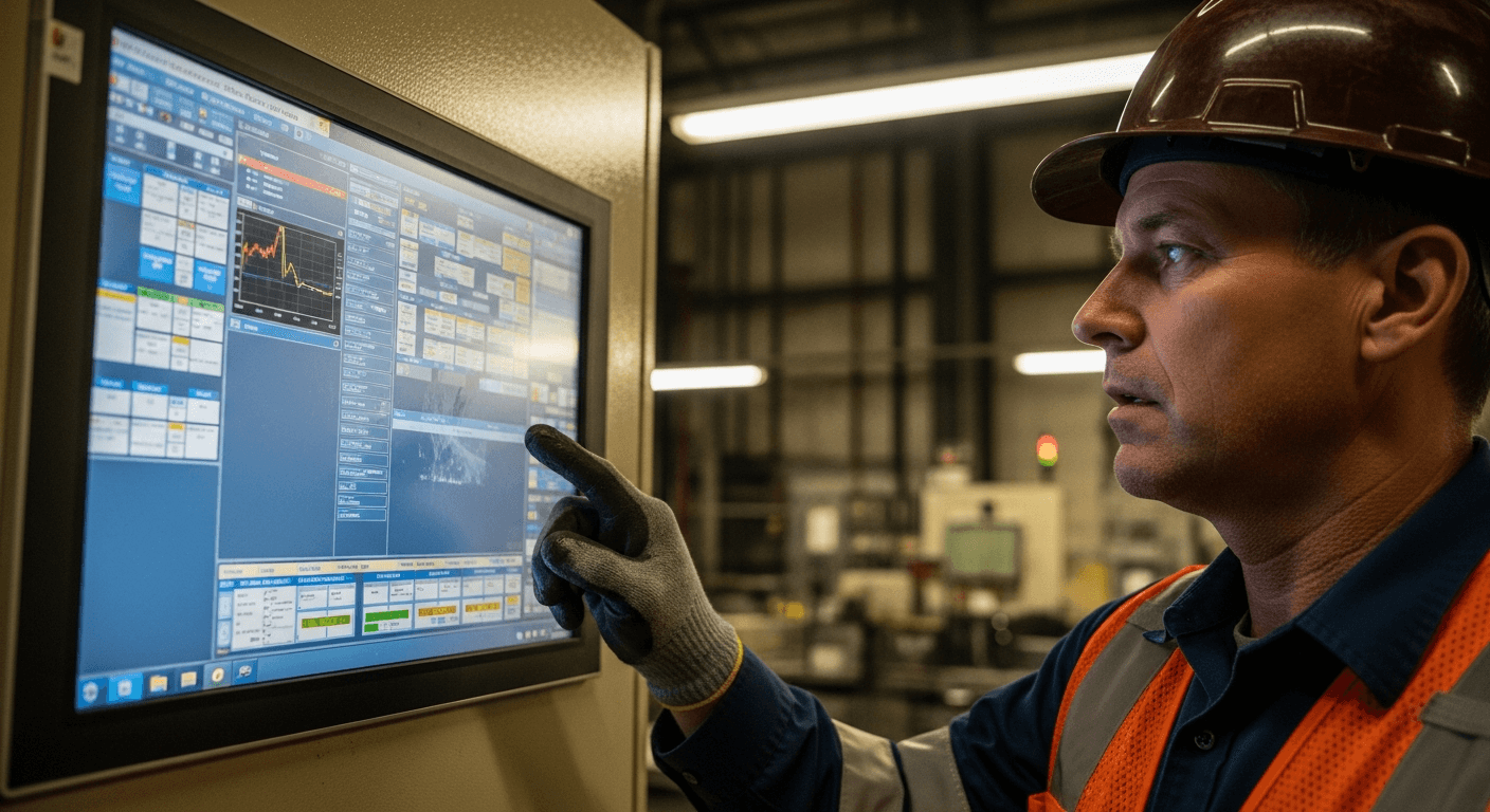 Opérateur industriel face à un écran de logiciel métier complexe