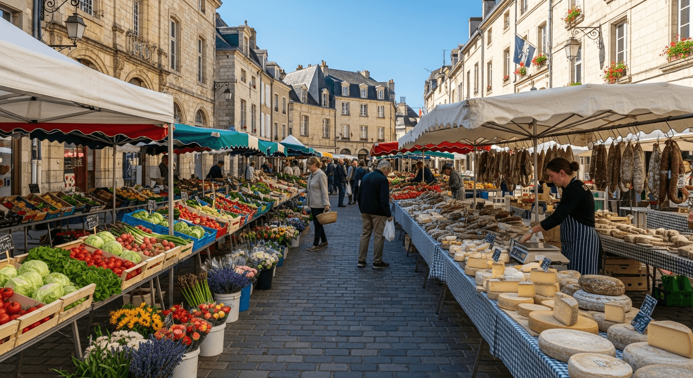 Étals colorés du marché du samedi matin place Carnot à Nevers