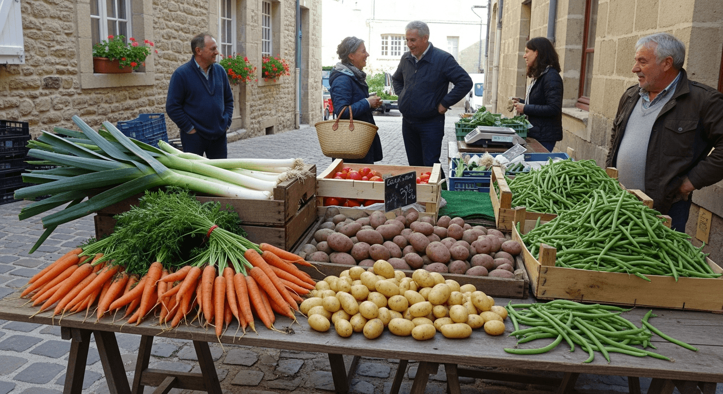 Producteurs locaux au marché hebdomadaire de Nevers avec légumes frais