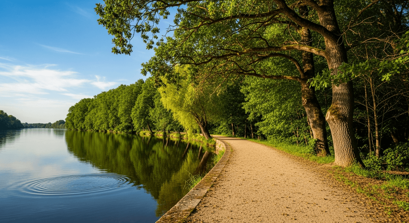 Chemin de promenade le long de la Loire à Nevers, arbres verts se reflétant dans l'eau calme