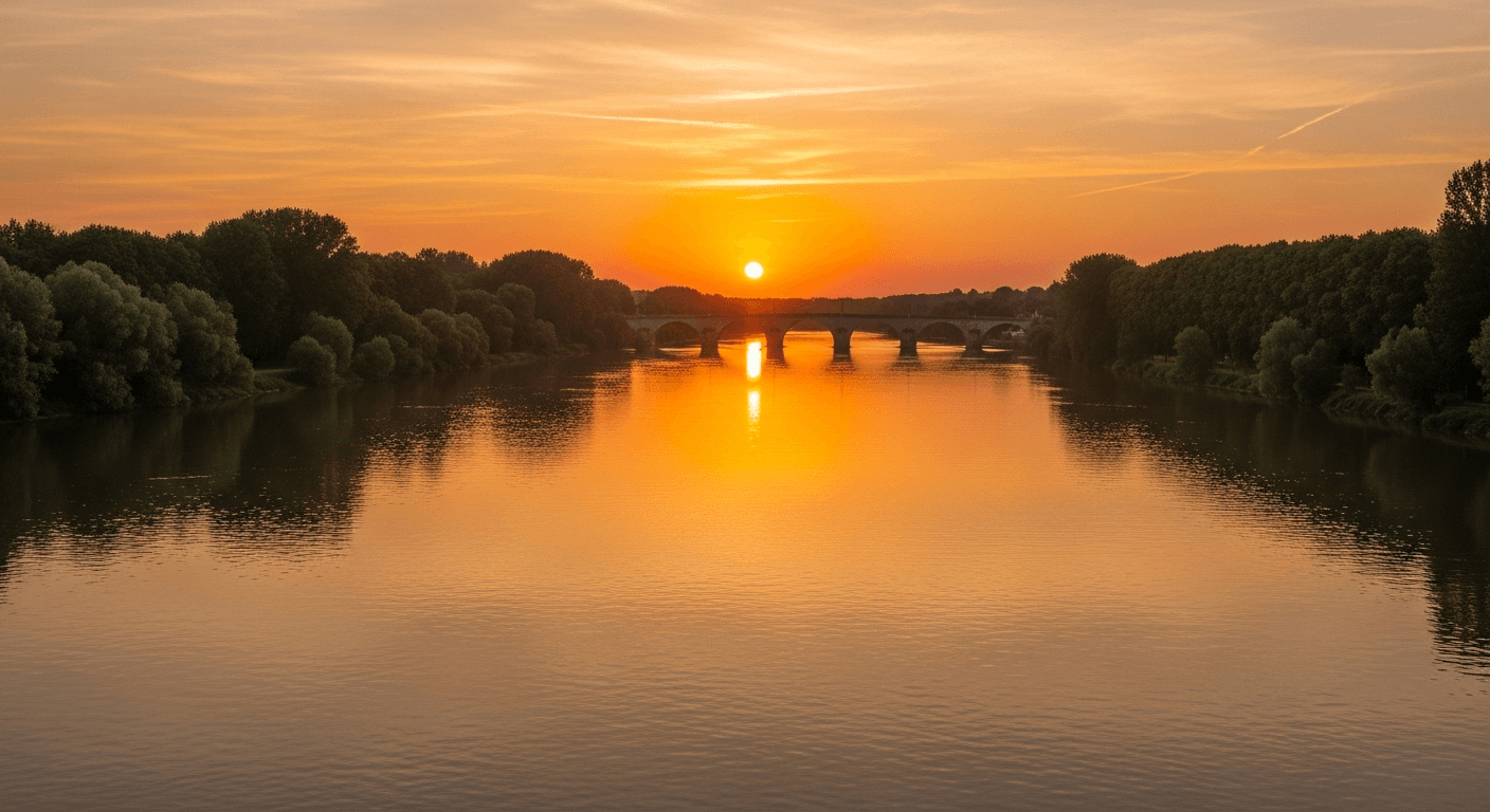 Vue panoramique sur la Loire depuis les berges de Nevers au coucher du soleil