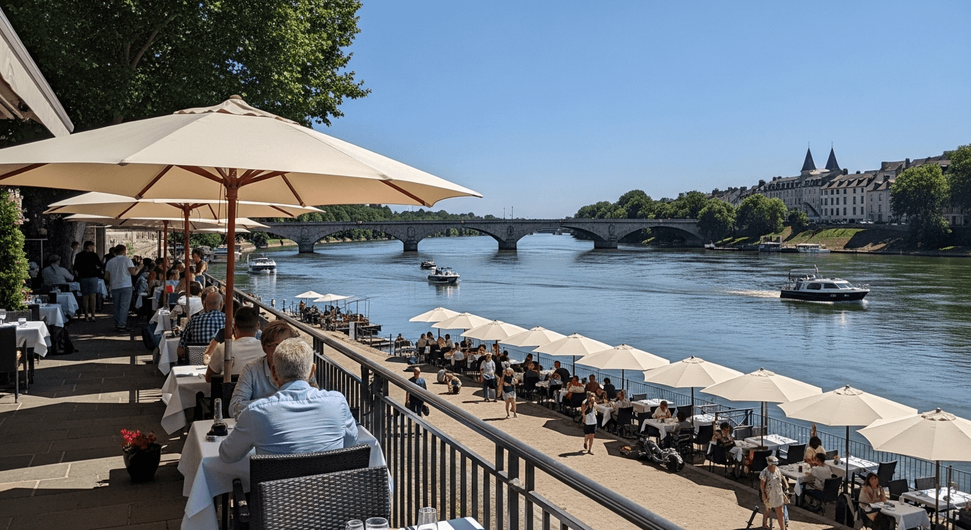 Terrasse de restaurant ensoleillée face à la Loire avec parasols et vue sur le pont de pierre