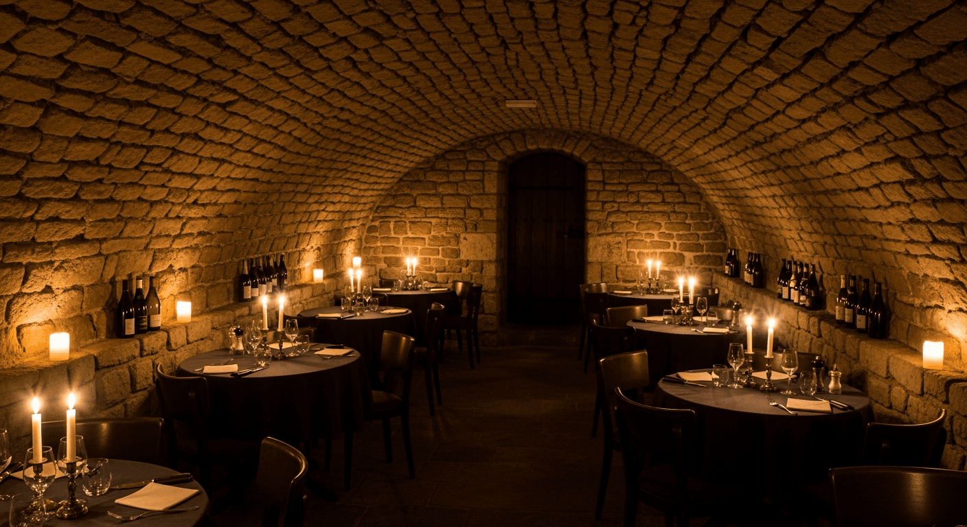 Salle de restaurant intimiste sous voûtes de pierre dans le centre historique de Nevers