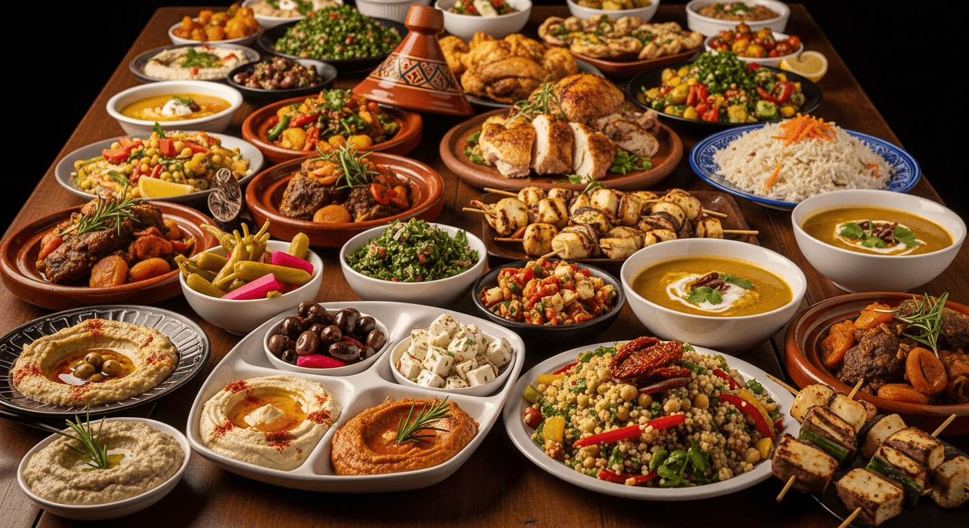 Assortiment de plats colorés du monde sur une table en bois — mezze, épices et herbes fraîches