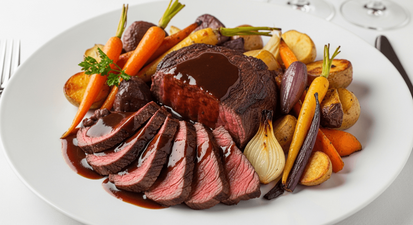 Assiette de charolais braisé avec légumes de saison et sauce au vin rouge sur table en bois rustique