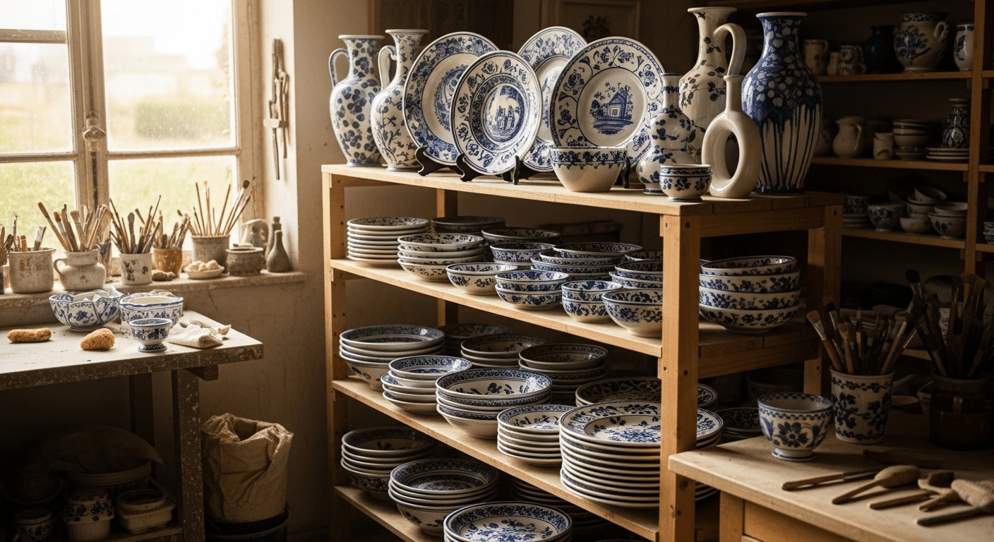 Pièces de faïence artisanale bleue et blanche dans un atelier nivernais