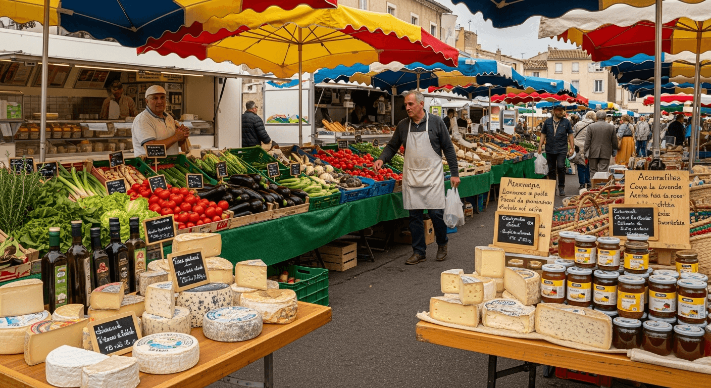 Marché de plein air avec légumes frais et produits locaux nivernais