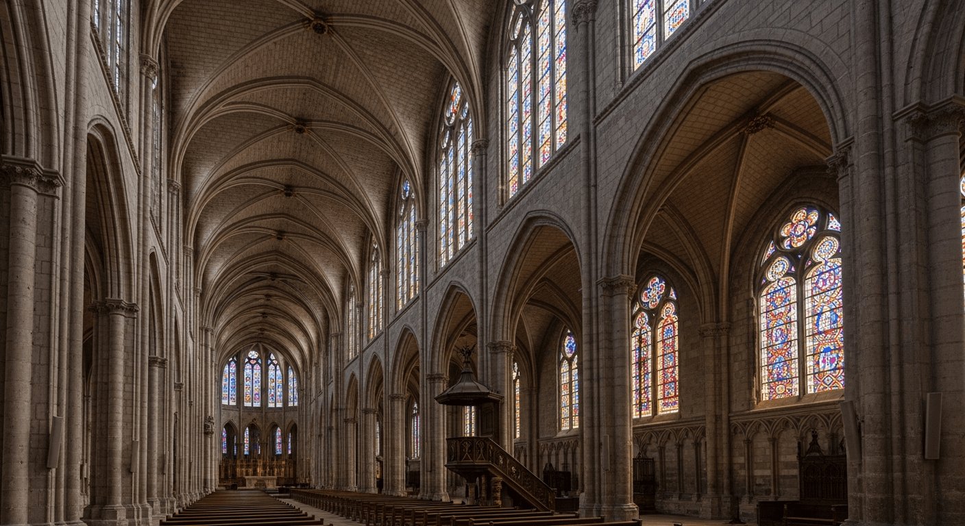 Vue intérieure de la cathédrale de Nevers montrant la nef et les vitraux