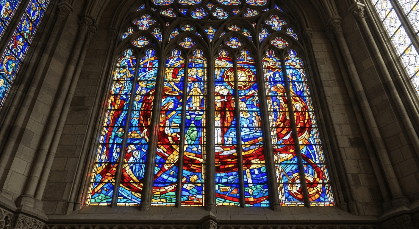 Détail des vitraux contemporains colorés de la cathédrale Saint-Cyr-et-Sainte-Julitte de Nevers