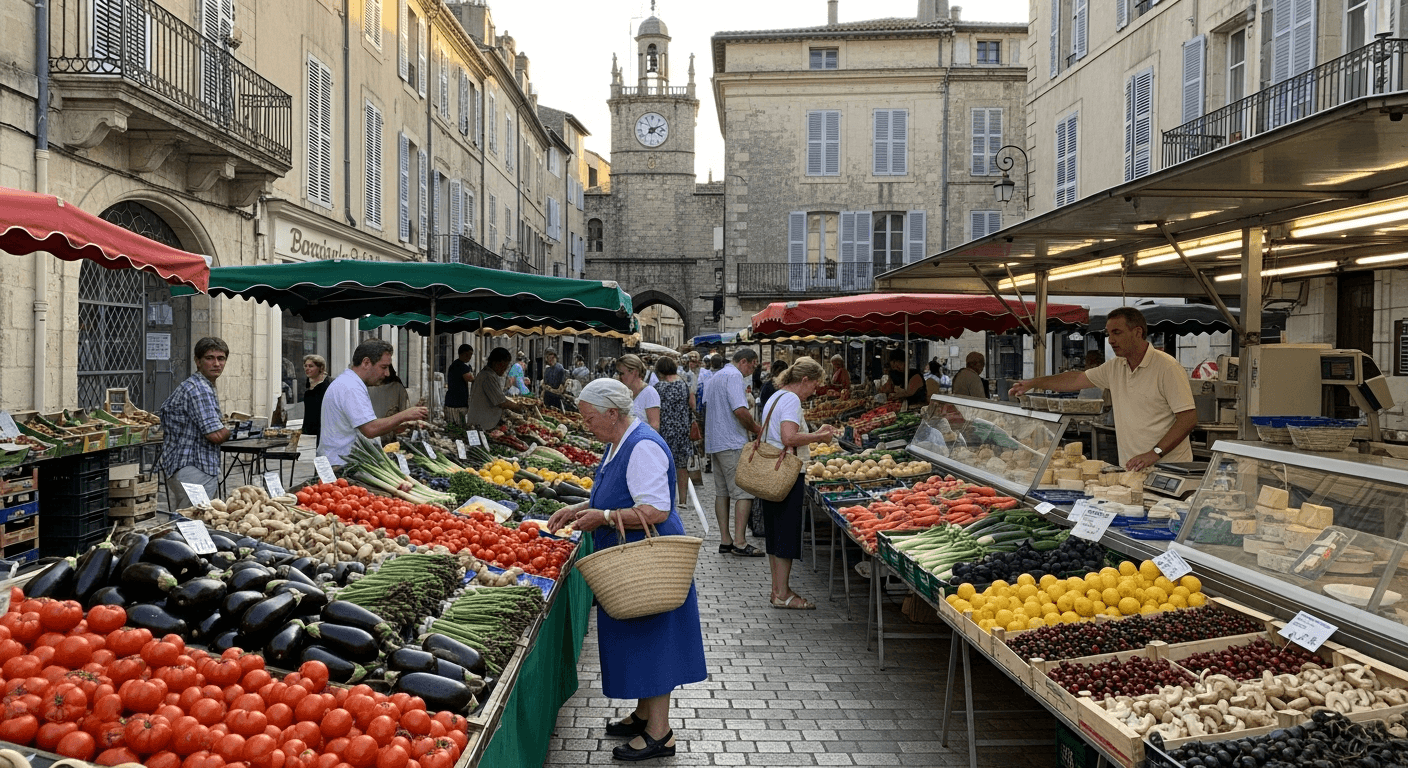 Marché du samedi à Nevers, place Carnot, étals de légumes frais