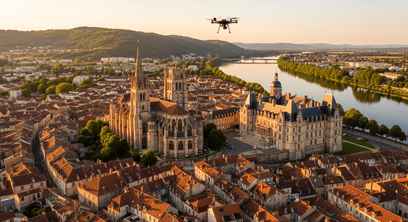 Vue aérienne de Nevers avec la Loire et le centre historique