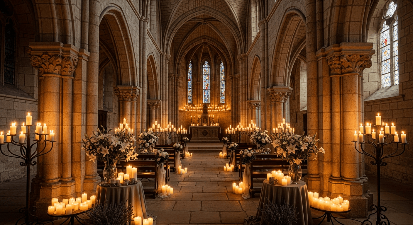 Chapelle paisible aux voûtes de pierre avec lumière de vitraux colorés