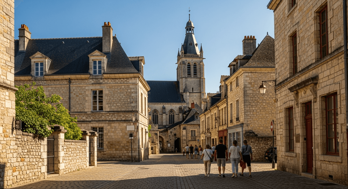 Rue pavée du centre historique de Nevers avec façades médiévales en pierre