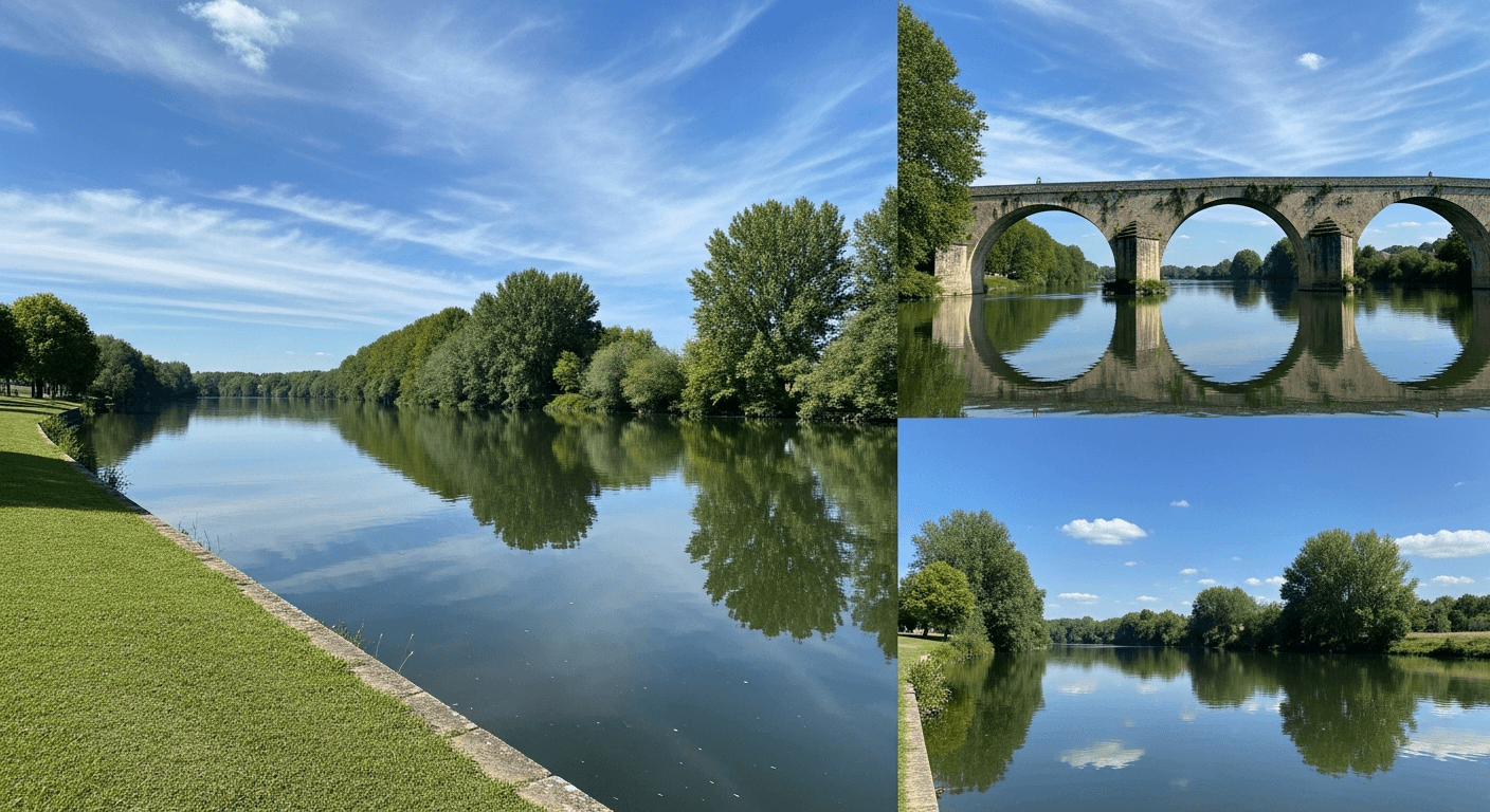 Rives de la Loire à Nevers avec végétation verdoyante et pont en pierre